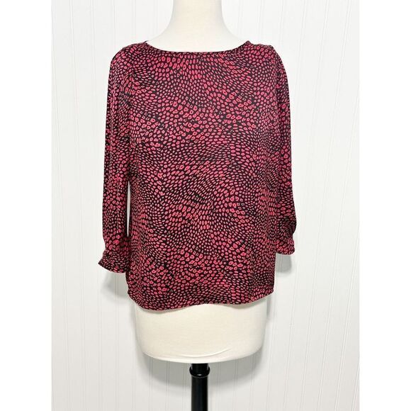 Banana Republic Womens Animal Print Blouse Top Puff Sleeve Red‎ Black Medium - Picture 1 of 12